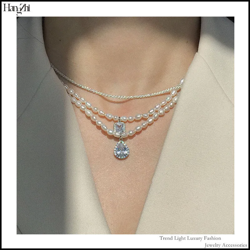 Ретро капли воды циркон Двойной слоистых пресноводный жемчуг риса Для женщин