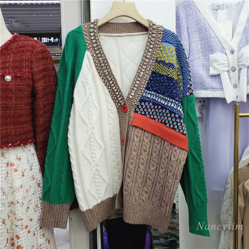 

Jacquard Sweater Coat Women's Loose Design 2021 Autumn New Single-Breasted Knitted Cardigan Beaded Diamond