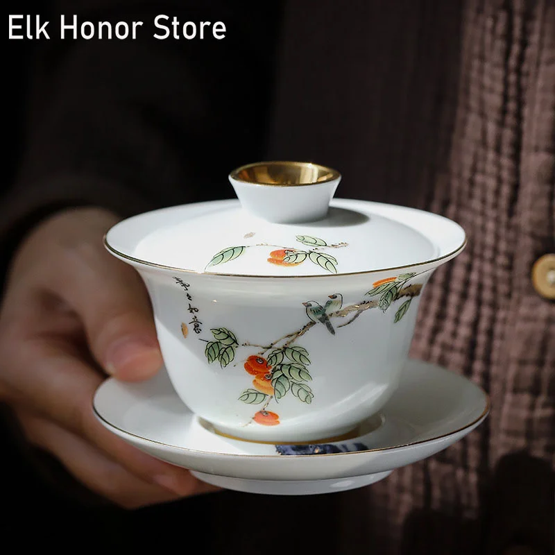 

150ml Ceramic Gaiwan Porcelain Outline Gold Art Bird Flower Cup with Lid Cover Saucer Kit Master Tea Set Drinkware Decor Crafts