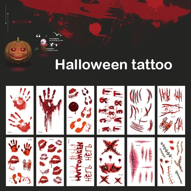 1 лист Татуировка Хэллоуин стикер 36 стилей кровяные шрамы руки террора шаблон DIY