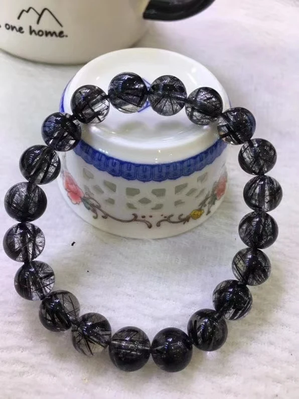

Natural Black Rutilated Quartz Crystal Bracelet 10.2mm Clear Round Beads Crystal Stretch Men Women AAAAAA Genuine