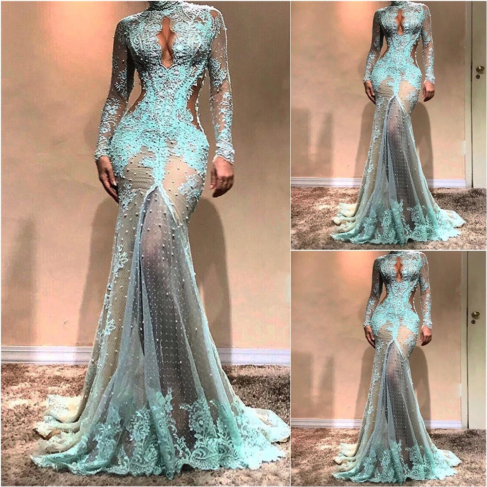 Женское кружевное платье с юбкой годе длинным рукавом и шлейфом|Вечерние платья|