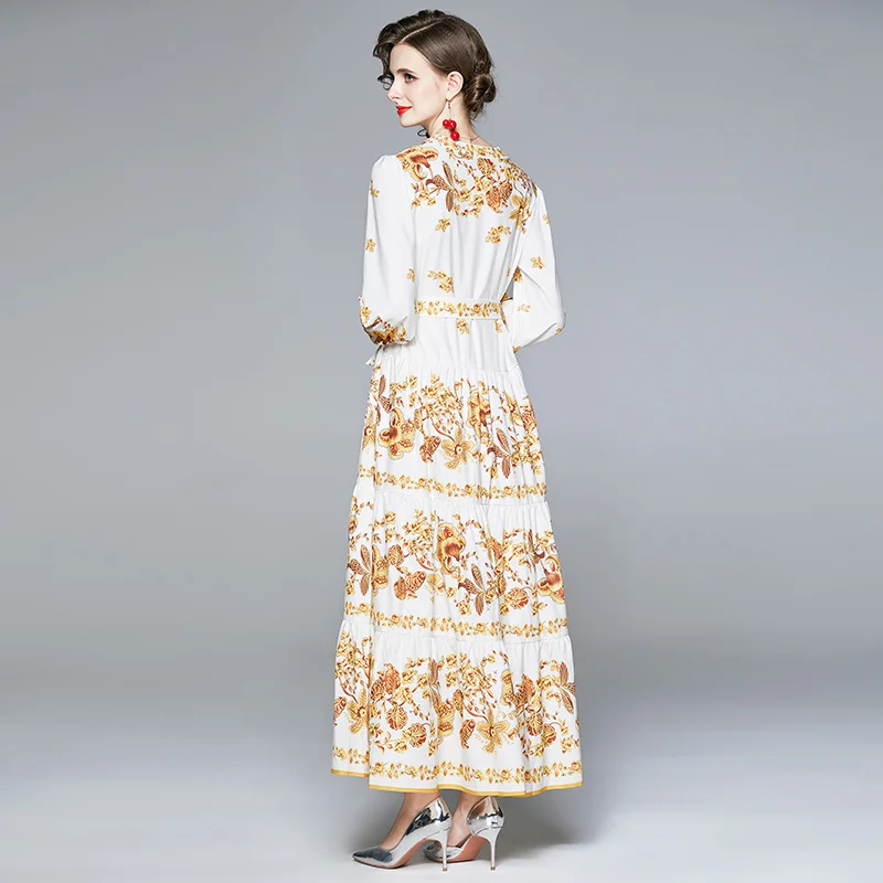 

2020 A-line Print Midi Dress Luxury Floral Women Fashion Girl Boho V-neck Long-sleeve Autumn Elegant Party Dress Vestidos DROWYD
