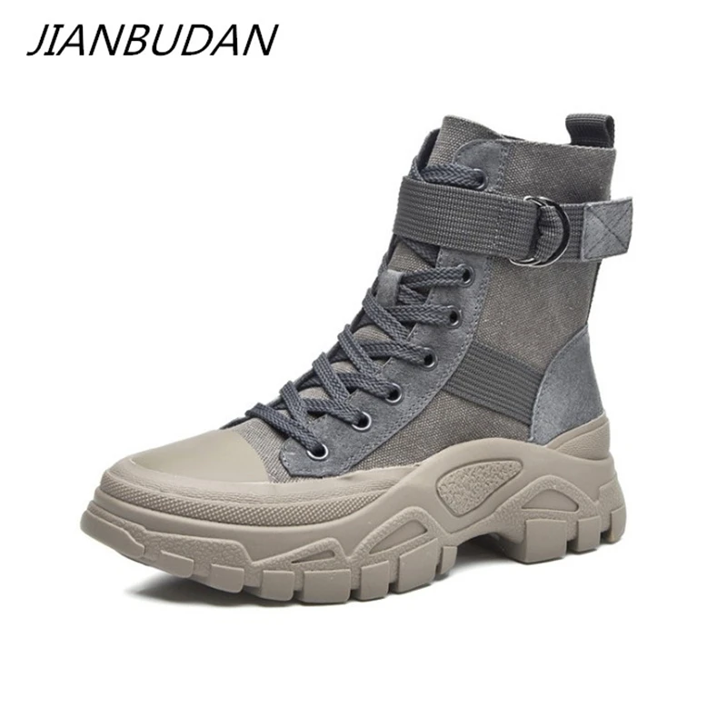 

JIANBUDAN New motorcycle boots Breathable canvas women's autumn Ankle boots Winter plush warm outdoor leisure women cotton boots