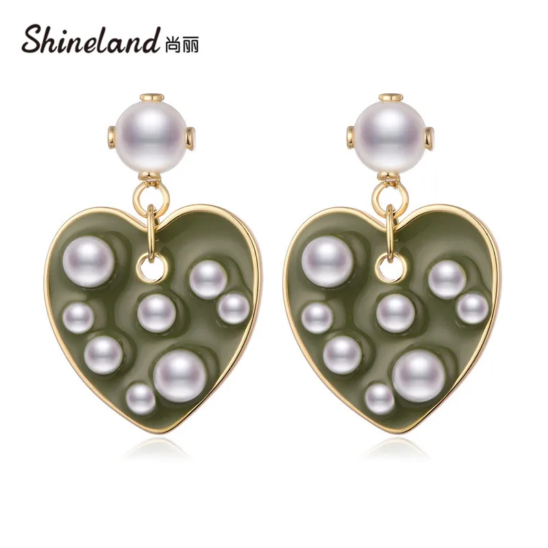 

Shineland New Fashion Heart Green Pink Enamel Simulated Pearl Drop Earrings Women Elegant Jewelry Statement Love Bijoux Gift