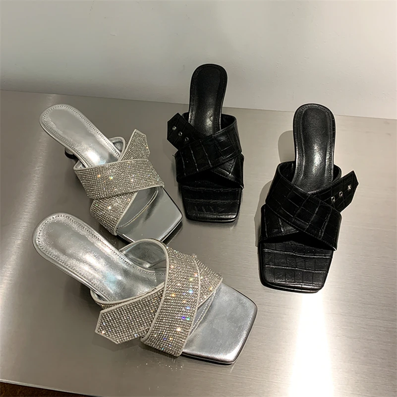 

Meotina Women Slipper Shoes Natural Genuine Leather Strange Style High Heel Slides Crystal Square Toe Ladies Footwear Sliver