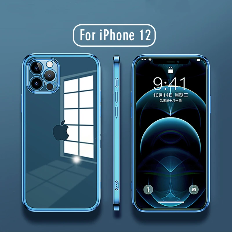 

LOVECOM Plated Edge Square Clear Phone Case For iPhone 13 12 11 Pro Max Mini XR XS Max 7 8 Plus Soft TPU Clear Phone Back Cover