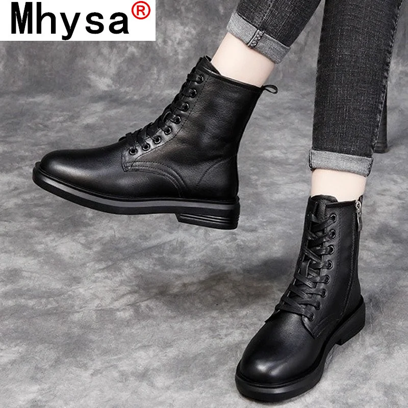 

Женские ботильоны из искусственной кожи, осень 2021, новые мотоциклетные ботинки на толстом каблуке, со шнуровкой, на молнии, с круглым носком,...