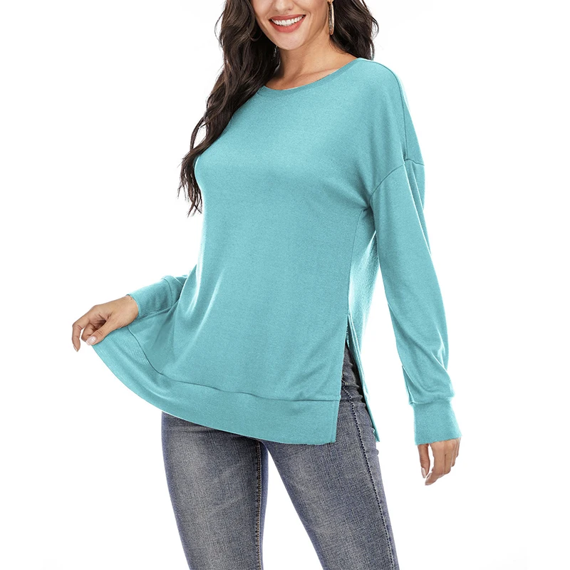 

Solid O Neck Split Casual Slim Long Sleeve T-shirt For Women Autumn Femme Korean Clothes Streetwear Tops Tee SJ6571R