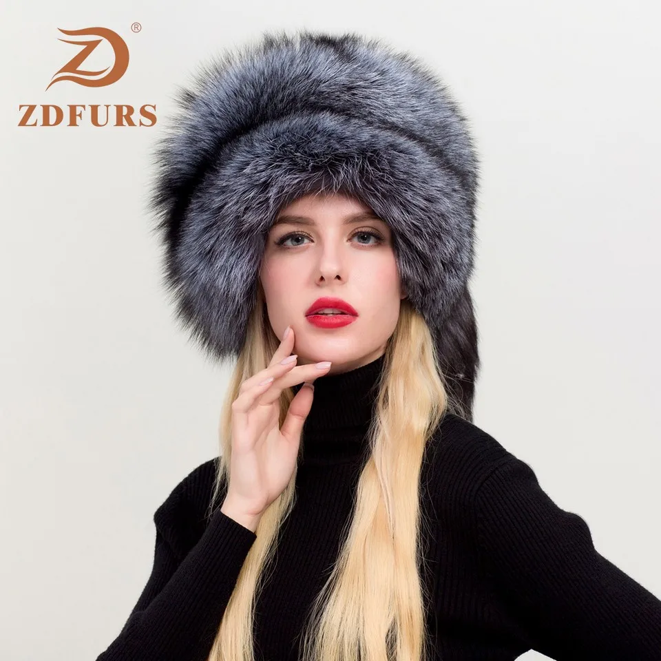 ZDFURS* Женская русская ушанка Авиатор Охотник лисий мех бомберы шапка натуральный Лисий мех шапки купол монгольская шапка