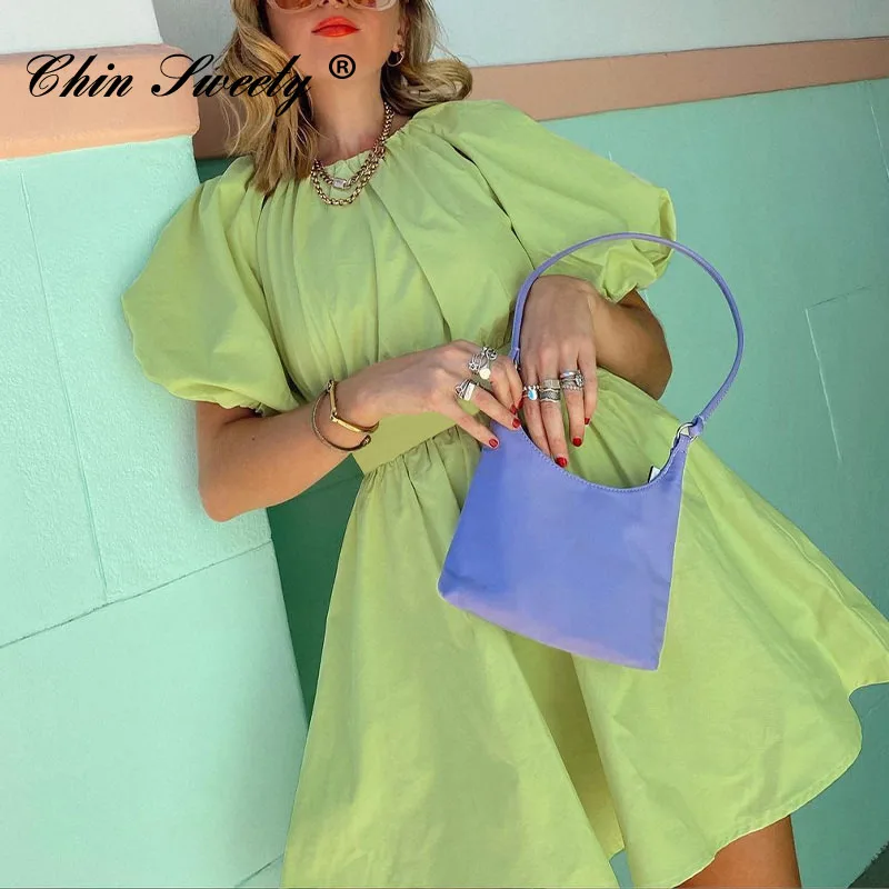 

Hollow Out A-line Mini Dress Women O-neck Bubble Sleeve High Waist Short Dresses Female 2021 New Summer Sweet Ladies Green Dress