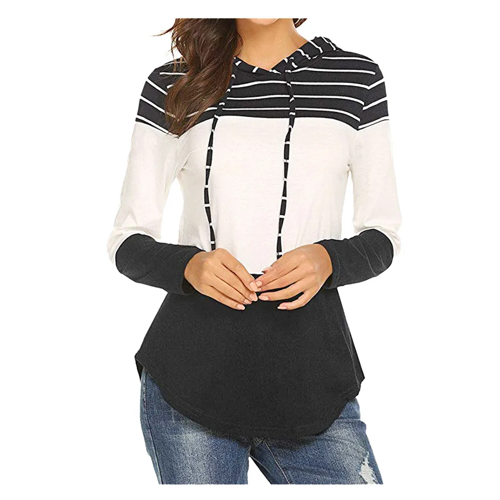 Топы с капюшоном 2019 женские повседневные толстовки в полоску свободные на