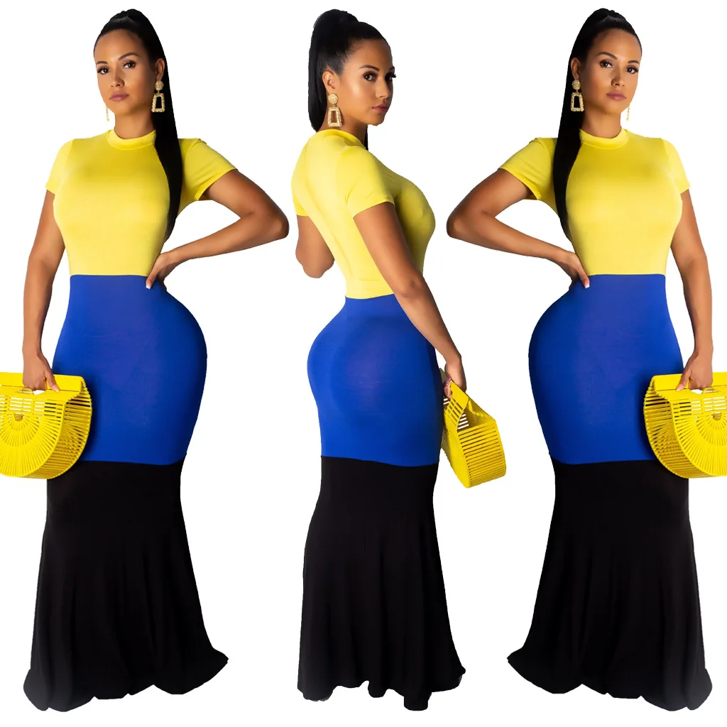 Женское длинное облегающее платье Русалка контрастных цветов с круглым вырезом