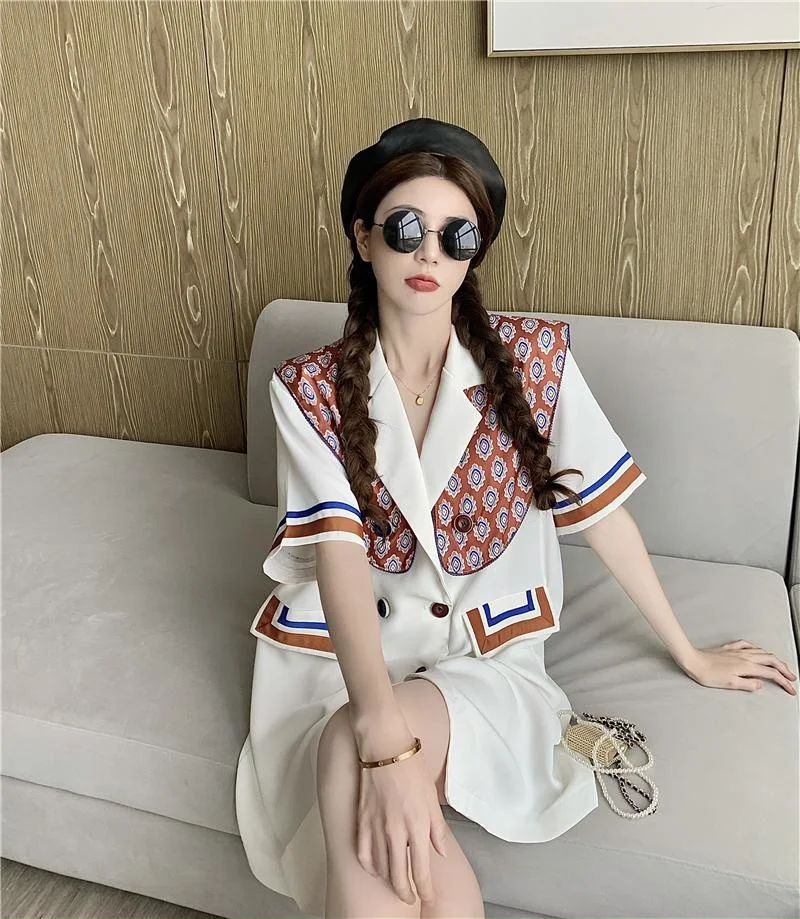 

CMAZ 2021 summer dress for women white short sleeve double-breasted midi design fashion dress 3362#