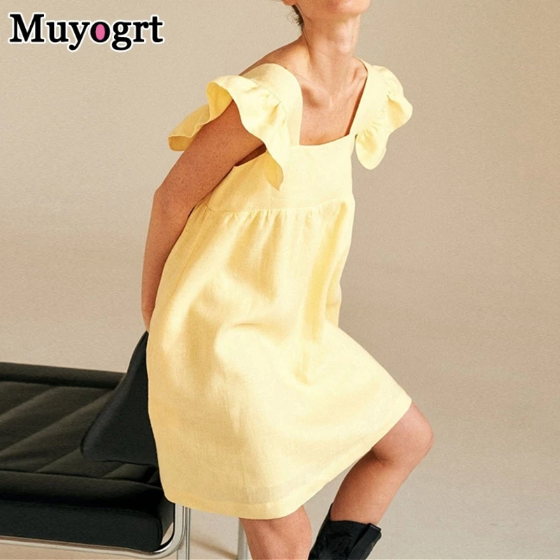 

Muyogrt 2021 Summer Ruffles Mini Dress Casual Square Collar Butterfly Sleeve Sweet Dress Woman Backless Loose Linen Solid Dress