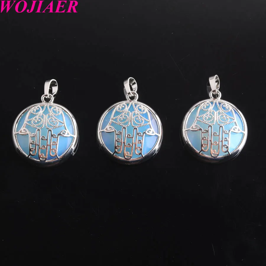

WOJIAER Natural Stone Cabochon Crystal Pendants White Opal Fatima Hamsa Hand Amulet Silver-color Charm Jewelry PW9031