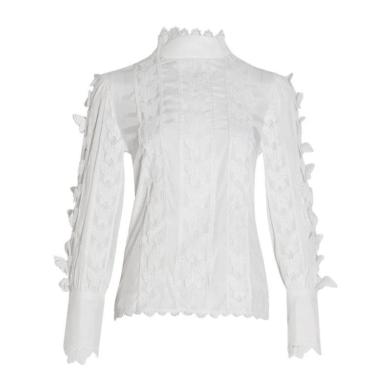 2019 Autumn Elegant Womens White Shirts Blouse Stand Collar Long Sleeve Patchwork Lace Tops Female Clother |