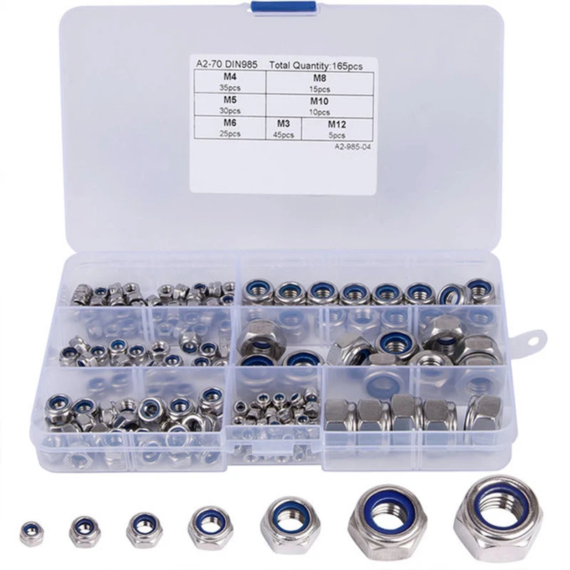 Tonsiki 165pcs Metric Lock Nut Assortment 304 Stainless Steel Nylon Locknut DIN985 M3 M4 M5 M6 M8 M10 M12 Hex Hexagon Lock Nuts