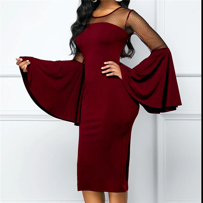 Сетчатое платье осень 2019 с рукавом колокольчиком женская уличная одежда черные