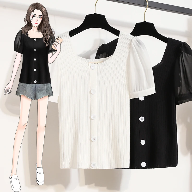 

Женская трикотажная рубашка с пышными рукавами, белый свитер с квадратным воротником, большие размеры 5XL, лето 2021