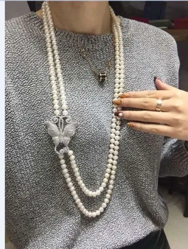 

NEW double strands 8-9mm round south sea white pearl necklace 30-34inch