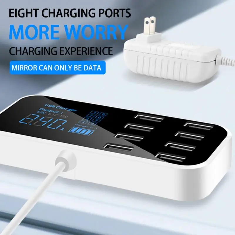 

8 Ports 2.4A 40W USB Phone Charger QC3.0 USB C Type C Fast Charger Digital Display Charging Station Portable Home Travel Charger