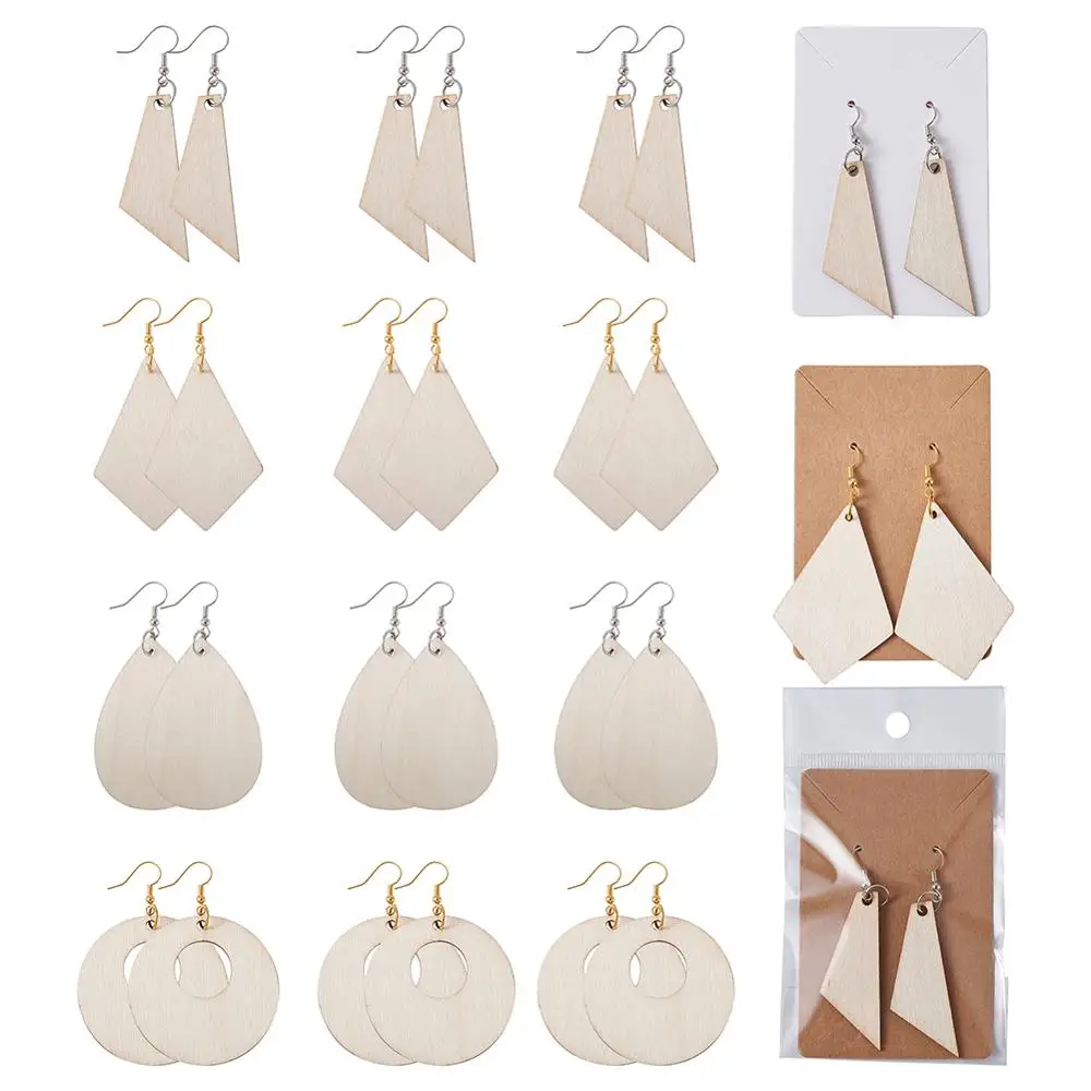 

Unfinish Blank Geometric Natural Poplar Wood Pendants Charm with Earring Hooks Display Cards Ear Nut for DIY Dangle Earrings Kit