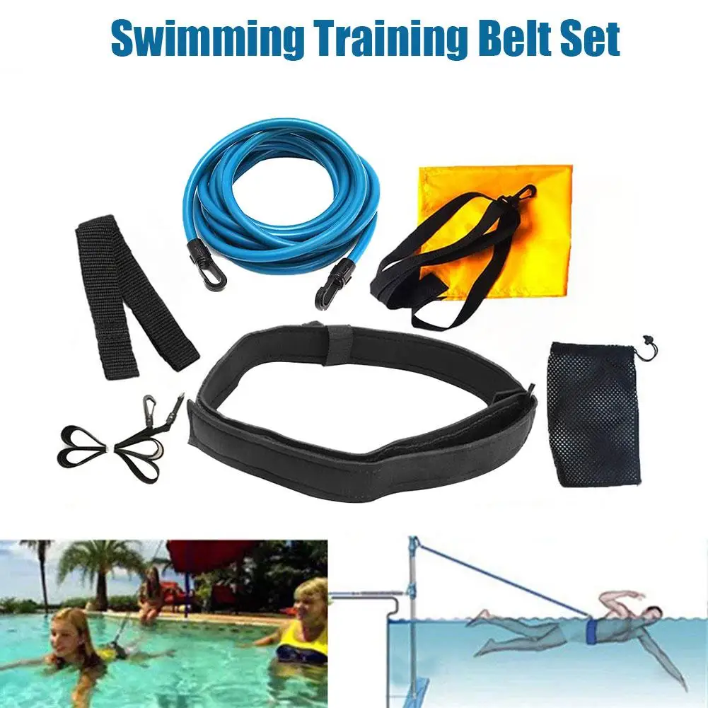 

Swimming Resistance Belt Set Latex Swim Training Band Safety Leash Swim Elastic Exerciser Belt With One Waist Strap Bag Set