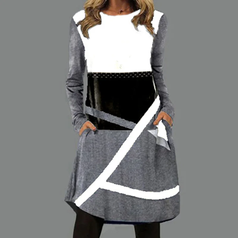 

Женское лоскутное платье ретро с длинным рукавом, весенне-осенние платья с геометрическим принтом и круглым вырезом, офисное повседневное ...