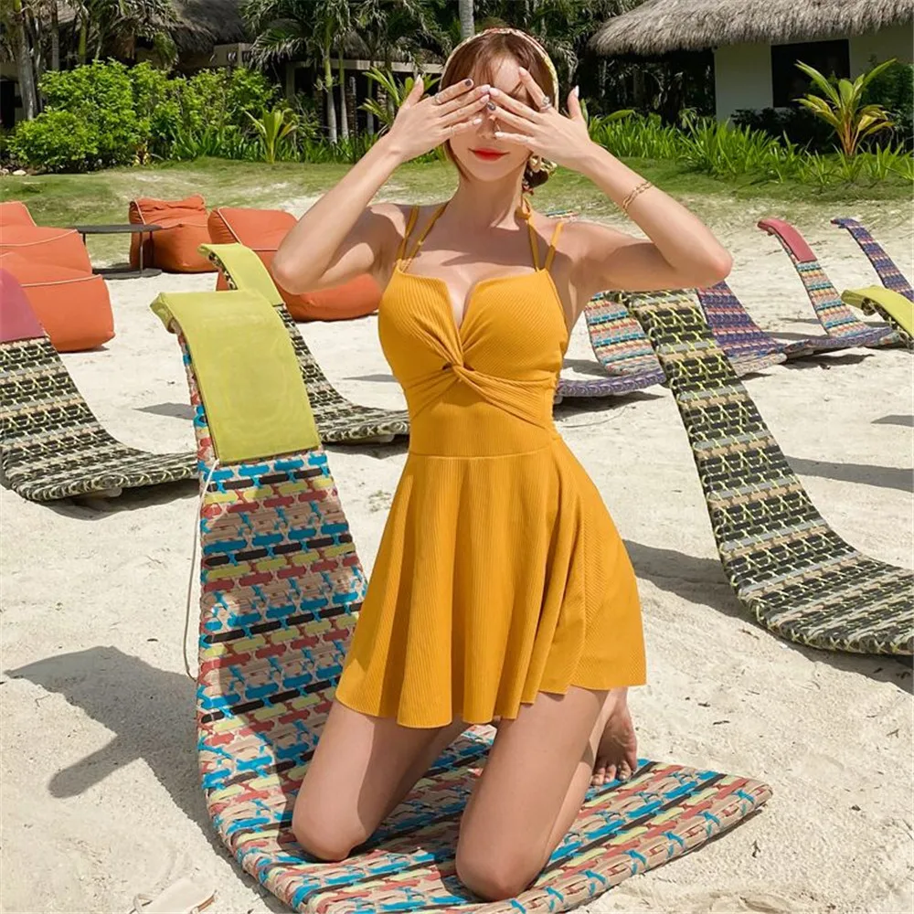 Korea Style One Piece Swimsuit Women Solid Swimwear Skirted Monokini Push Up Swim Suit Bandeau Trikini Pad Bathing Pleated |