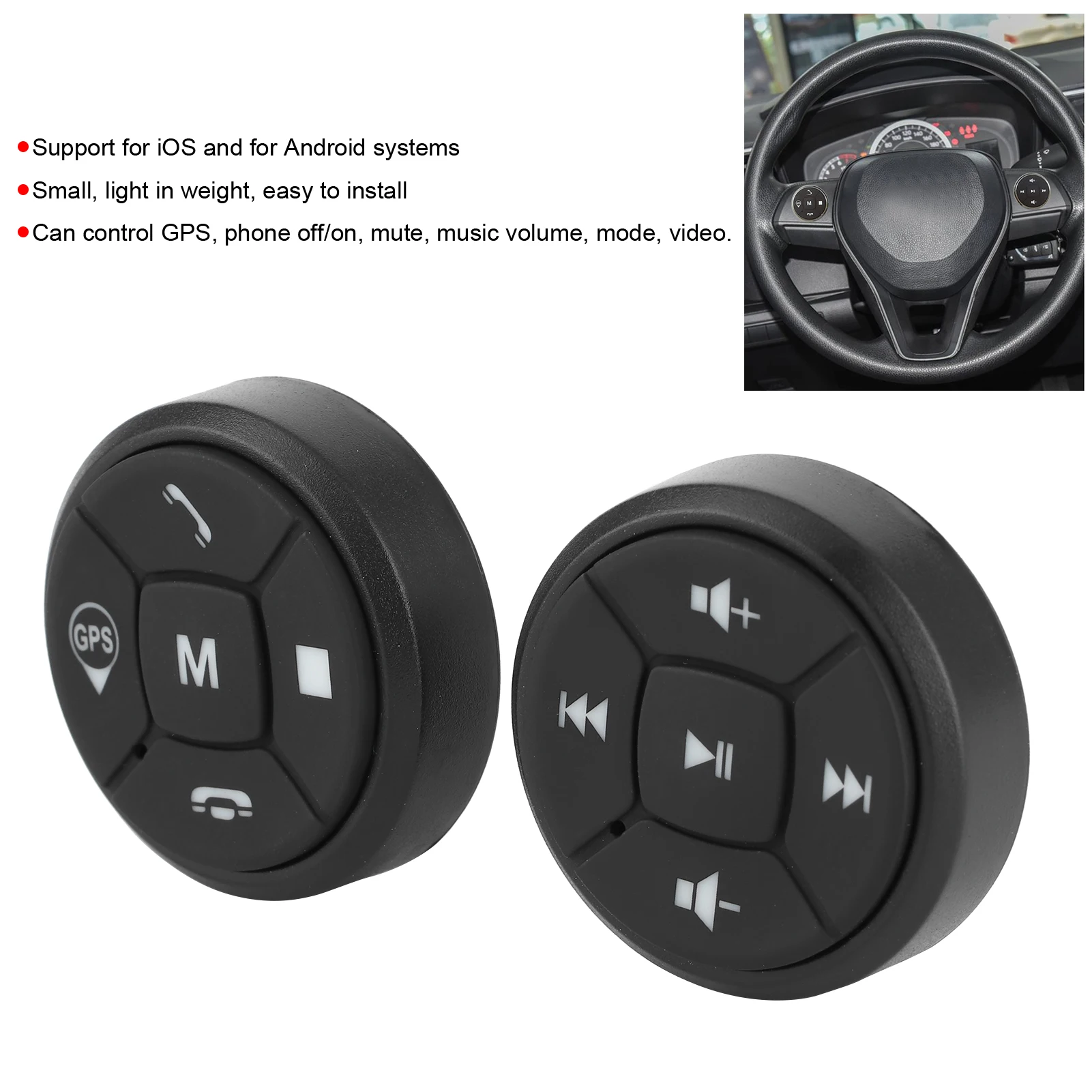 

Steering Wheel Control Button Radio Volume GPS Wireless Bluetooth Controller Switch For IOS/Android (Black)
