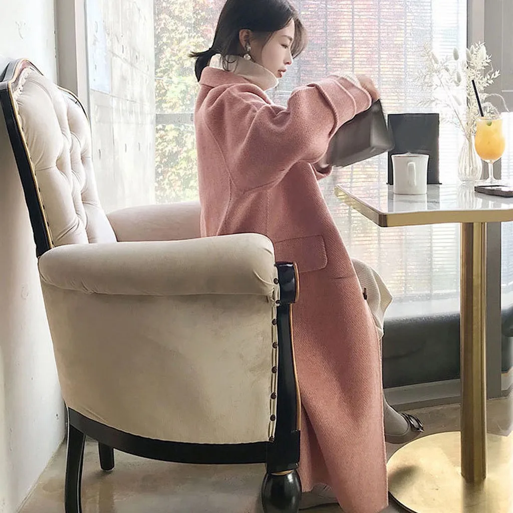 Women Work Solid Vintage Winter Office Long Sleeve Button Woolen Jacket Coat
