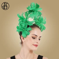 fs green fascinators for wedding ladies church hats big derby feather hair bride pearl headwear beautiful flower accessories