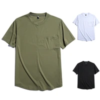 summer new solid color round neck stitching pocket design mens fashion casual short sleeved t shirt