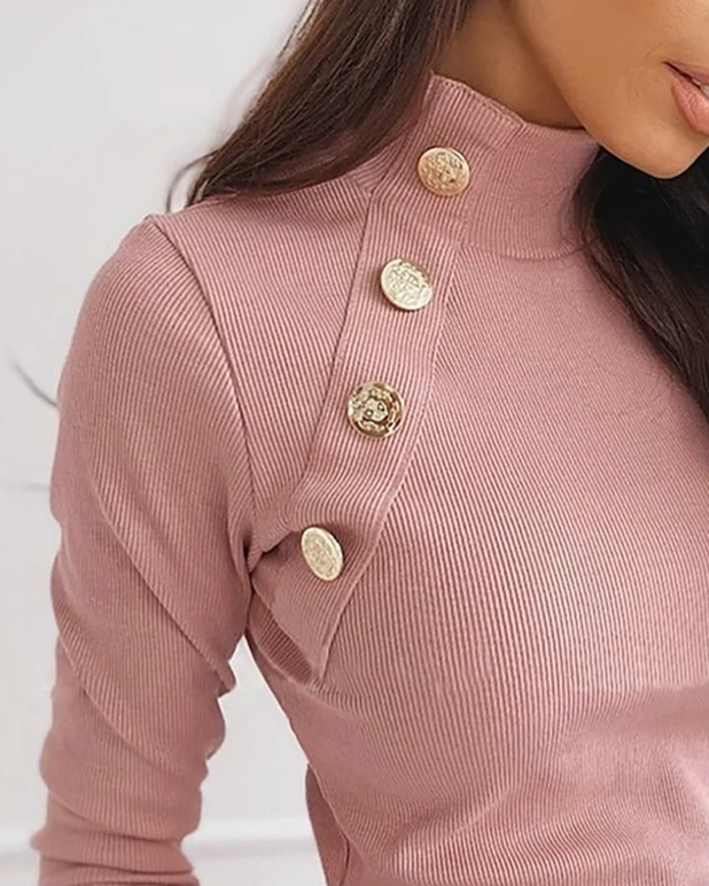 

2020 Women Stylish Long Sleeve Regular Casual Top Buttoned Detail Solid Ribbed Design Shirt