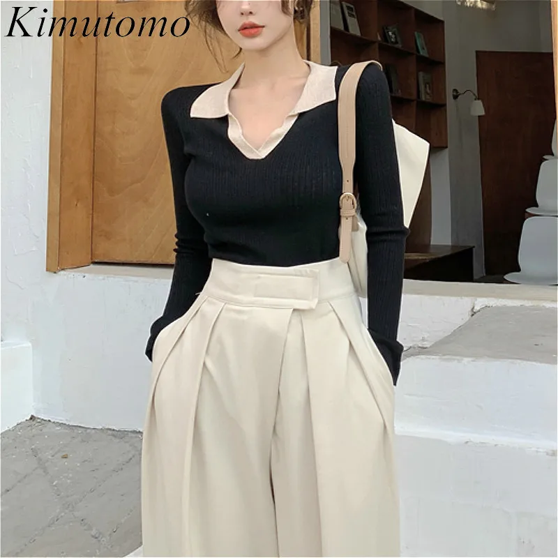 

Kimutomo Knitted Sweaters Women Autumn Winter 2020 Female Turn-down Collar Black Patchwork All-match Pullovers Fashion