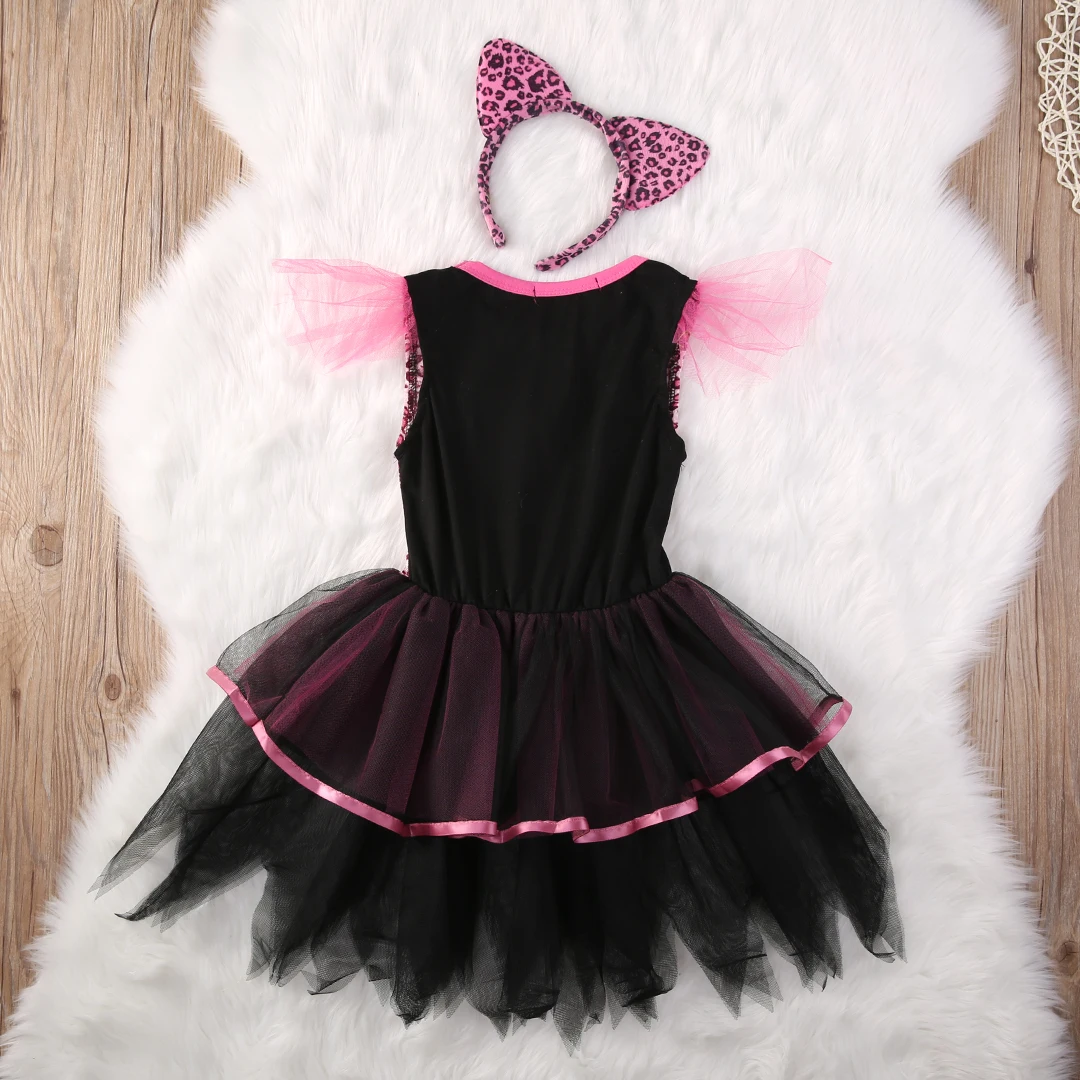 2020 Детский костюм для девушки хеллоуина красивое леопардовое Сетчатое чёрное