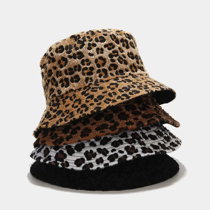

2021 New Winter Panama Hairy Leopard Bucket Hat for Women Men Hats Fishing Fisherman Cap Gorro Caps Gorras Casquette Gorra Muts