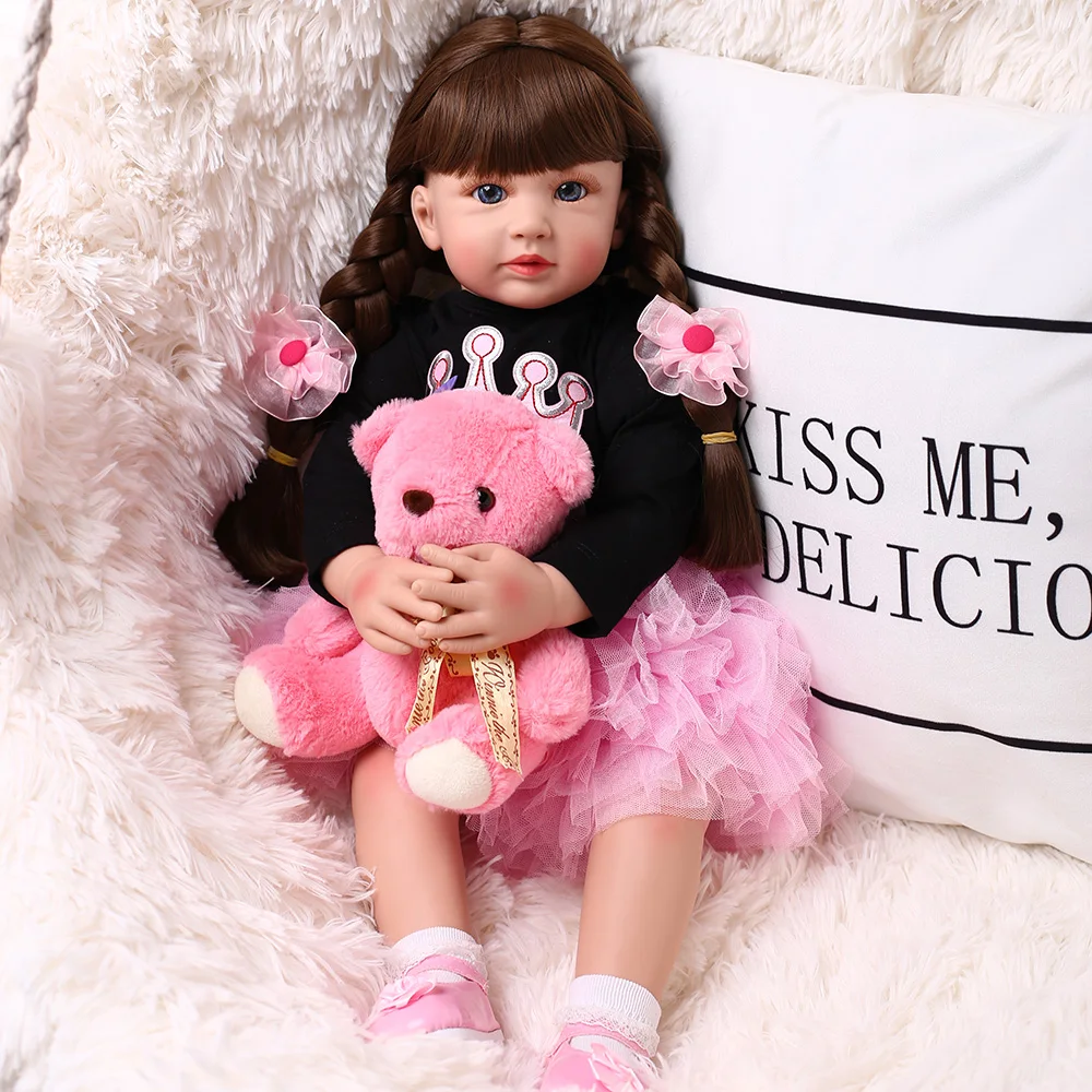 60 см длинные коричневые волосы реборн Девочка Малыш принцесса платье игрушка