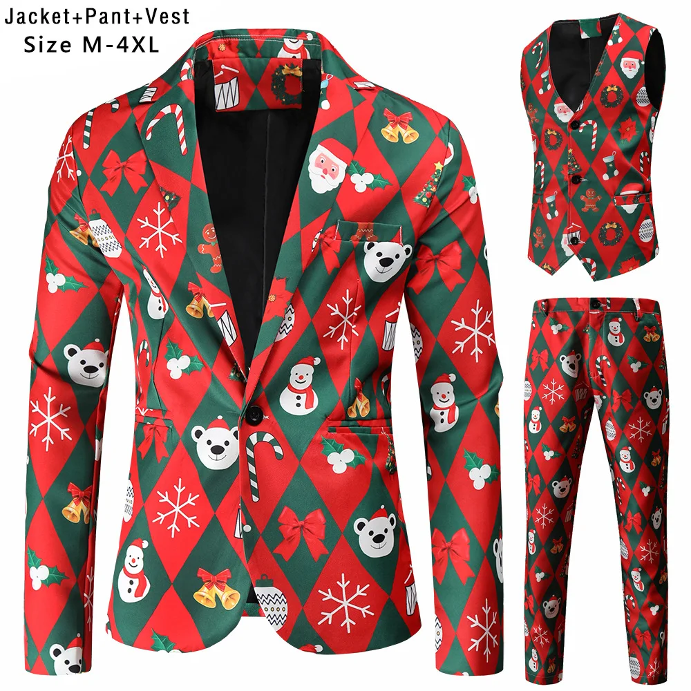 New Mens Christmas Suits Three-piece Cute Cartoon 3D Printed Casual Suit Jacket+ Pants+Vest 3Pcs Xmas Party Dress 12 Color