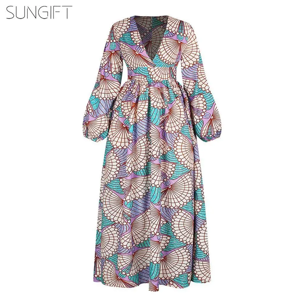 SUNGIFT 2019 Женская африканская одежда Дашики Платье с v-образным вырезом пышным