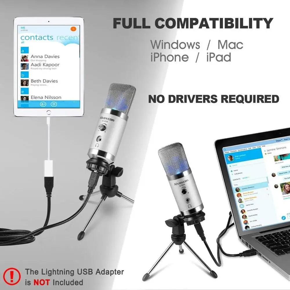 USB микрофон Alvoxcon компьютерный с разъемом для наушников и монитора Mac Windows ПК
