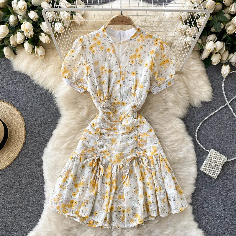 

Summer Women Dress 2021 Fashion Embroidery Lace Mini Party Dress O-neck Short Sleeve Drawstring Ruched Ruffles Dress Vestidos