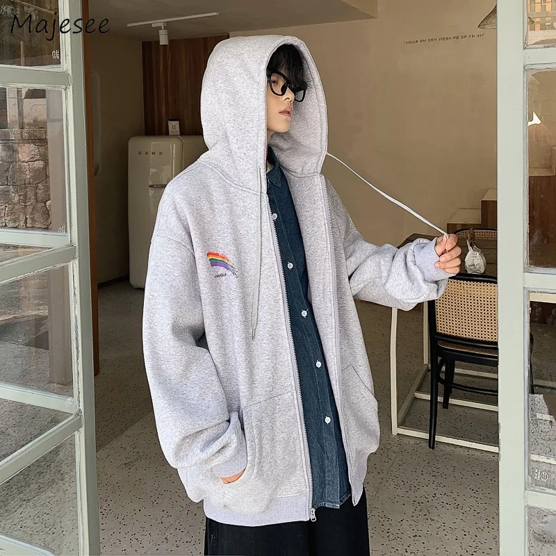 

Zip-up Hoodie Men Front Pocket Harajuku Vintage Hooded Long Sleeve Sweatshirt Spring Loose Oversize Drawstring Print Outerwear