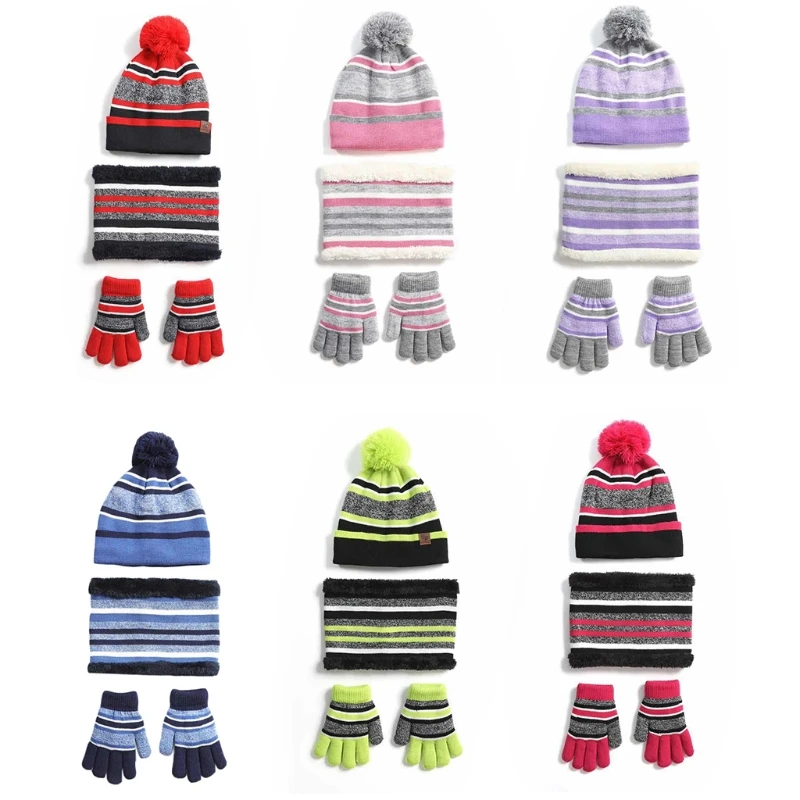 

Kids Winter Knitted 3Pcs Pompom Striped Beanie Hat Plush Lined Scarf Gloves Set