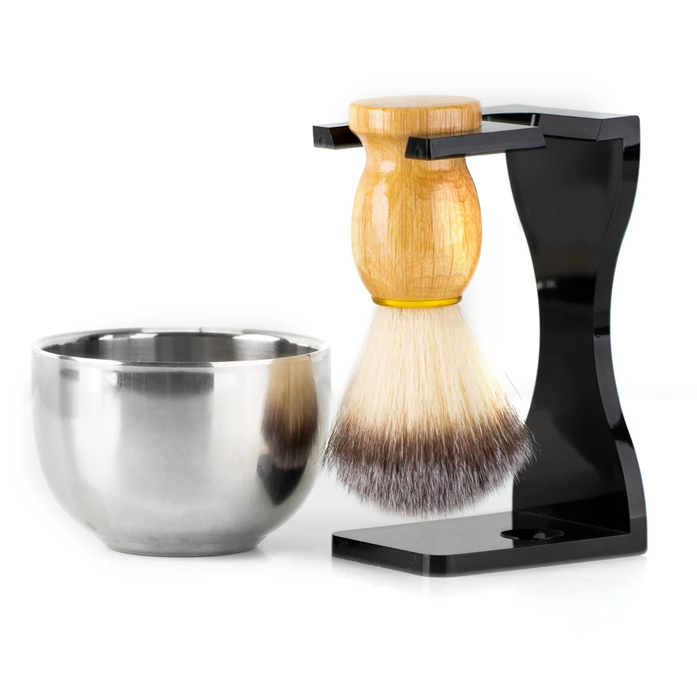 3in1 Synthetic Badger Hair Shaving Brush 26mm Wood Handle Acrylic Stand Stainless Steel Bowl for Men Wet Shave Brushes Set Gift - купить по