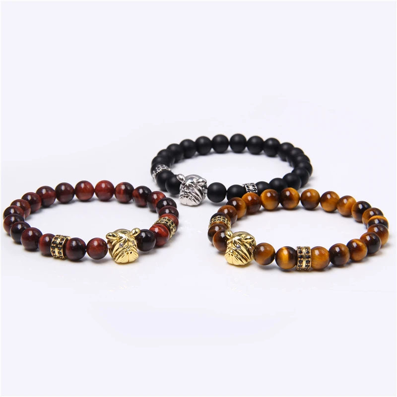 

CZ Shar Pei Charm Bracelets Men Handmade Stretch Bangle Vintage Jewelry Women Silver Color Lava Stone Bead Pulsera Children Gift