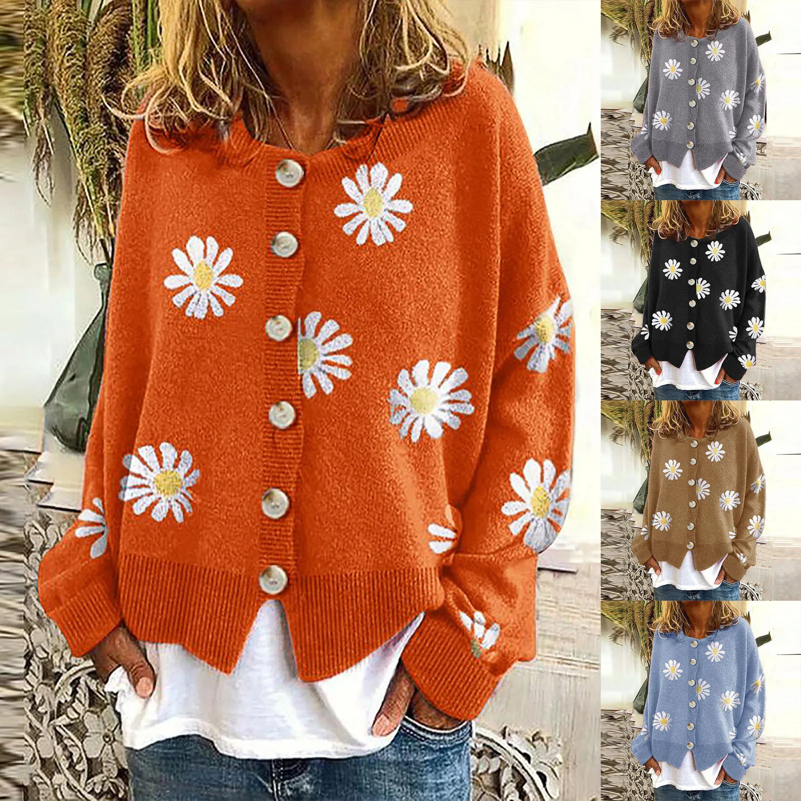 Women Daisy Knitted Sweater Loose Oversize Autumn Winter Jumper Cardigan Thick Casual Warm Cropped Sweater Button Coat свитер