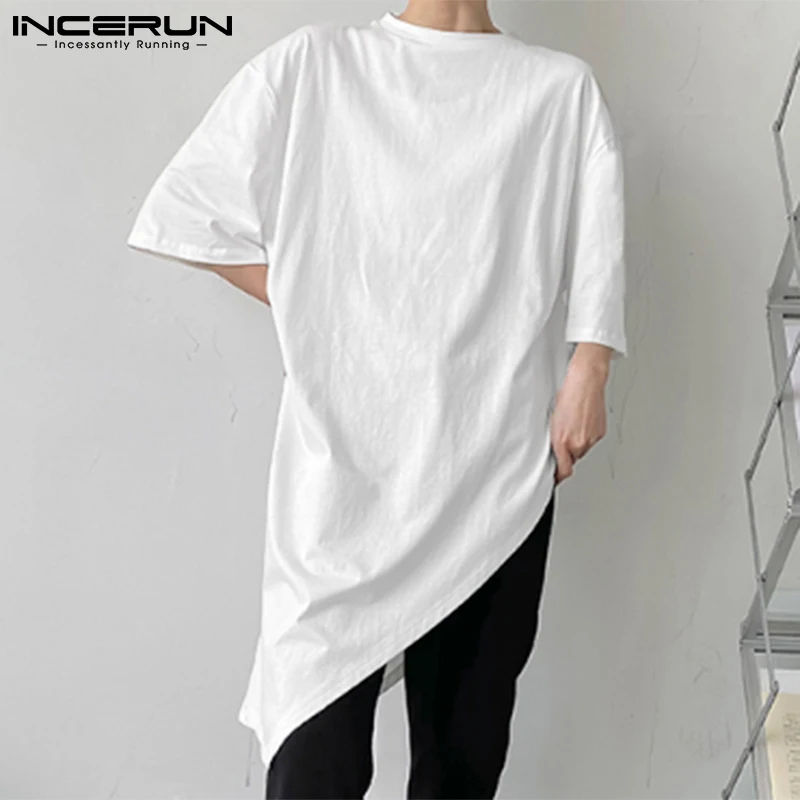 

INCERUN 2021 Hot Sale Tees New Men's Japanese And Korean Style Casual Five-Quarter Sleeves Side Slits Mid-length Blouse S-5XL