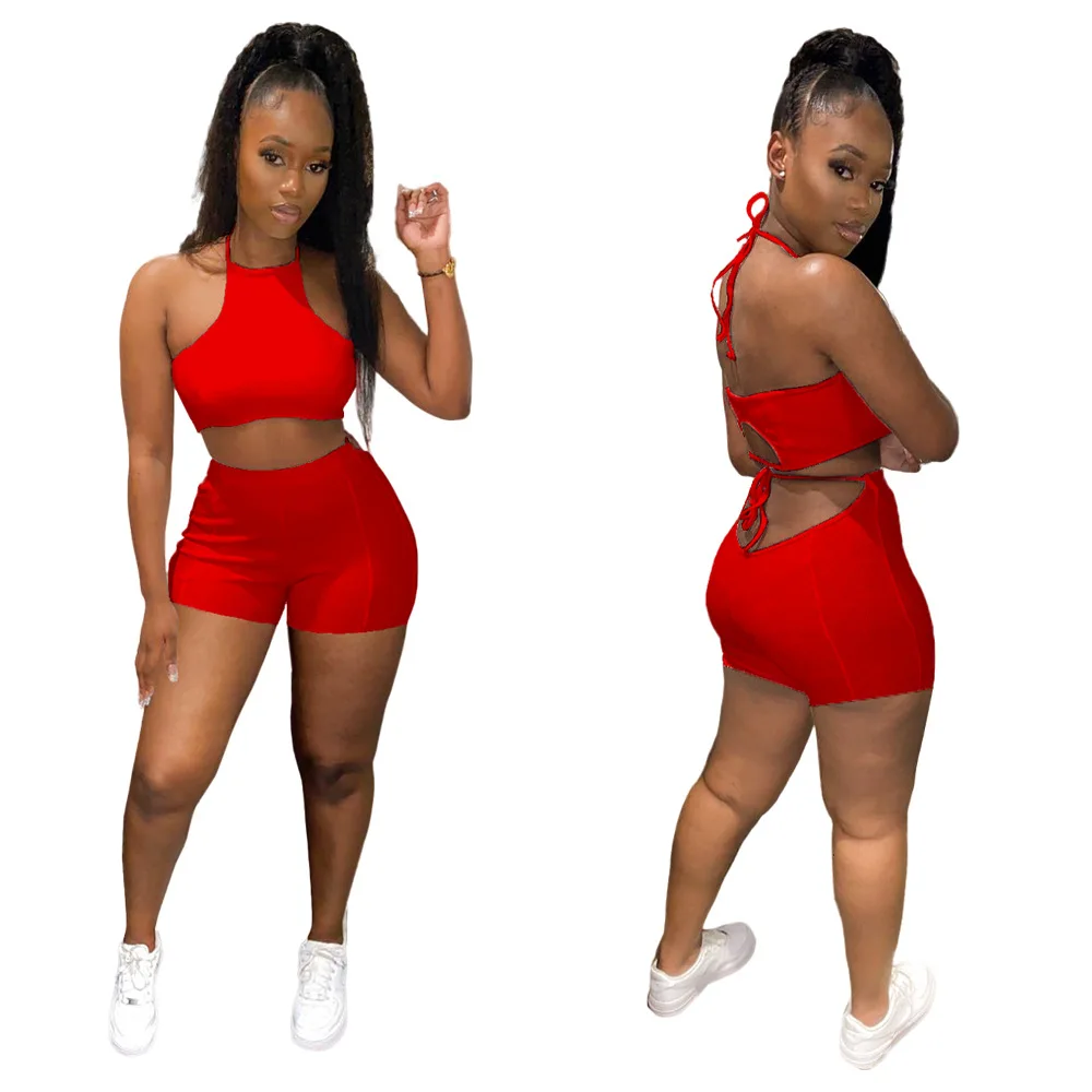 

Повседневный Однотонный женский комплект, сексуальный бандажный укороченный топ с открытой спиной и завязками на талии, эластичные шорты, ...
